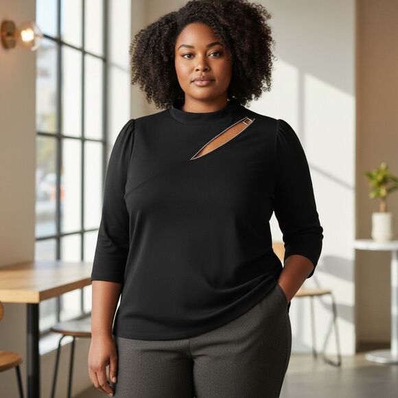 Chloe & Jasmine Black 3/4-Sleeve Blouse Plus Size 2X Cut Out Rhinestone Stretch - Picture 1 of 10